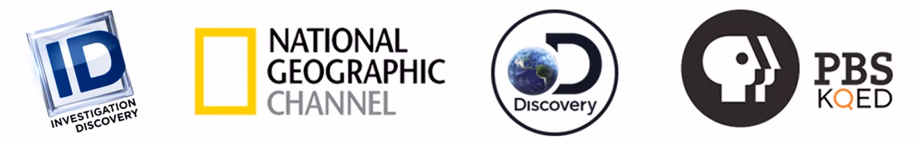 Investigation Discovery, National Geographic, Discovery and PBS KQED logos